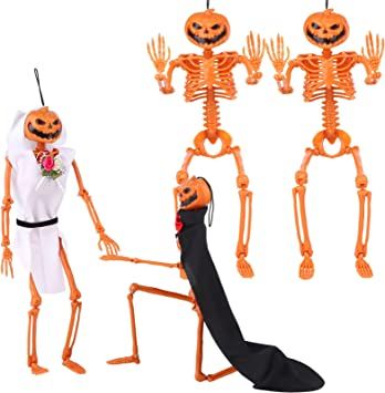 Photo 1 of 4 Pieces Halloween Pumpkin Head Skeleton 16 Inches Full Body Posable Halloween Skeleton Halloween Full-body Skeleton with Bride and Groom Accessories for Halloween Cemetery Haunted House Decoration