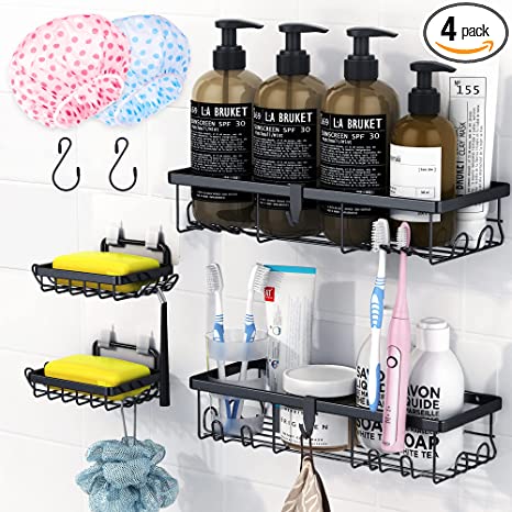 Photo 1 of Adhesive Shower Shelves with Soap Dishes, Bathroom Organnizer with Extra Hooks and 2 Shower Hats, No Rust, No Drilling for Bathroom/ Toilet/ Kitchen (4 Pcs/Set)