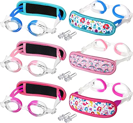 Photo 1 of 3 Pieces Kids Swim Goggles Fog Proof Toddler Swimming Goggles Pink Blue Purple No Leak Swimming Glasses with Mermaid Unicorn No Hair Pulling Fabric Strap, Ear Plugs and Bags for Girls Age 3-12