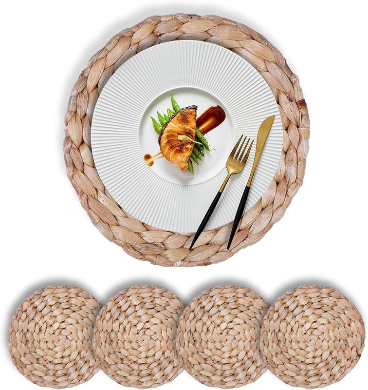 Photo 1 of ? Water Hyacinth Placemats - Round Woven Placemats - Trivets for Hot Dishes - Wicker Placemats - Heat Resistant Non-Slip Trivets for Table - Durable Trivets for Hot Dishes (Seagrass13.4-4pcs)
