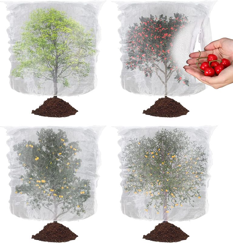 Photo 1 of 4 Pack 3.5 x 2.3 Feet Bird Barrier Netting Mesh Netting Plant Fruits Cover with Drawstring and Zipper Reusable Tree Netting to Protect Fruit from Birds Fruit Tree Net Tomato Netting for Vegetables
