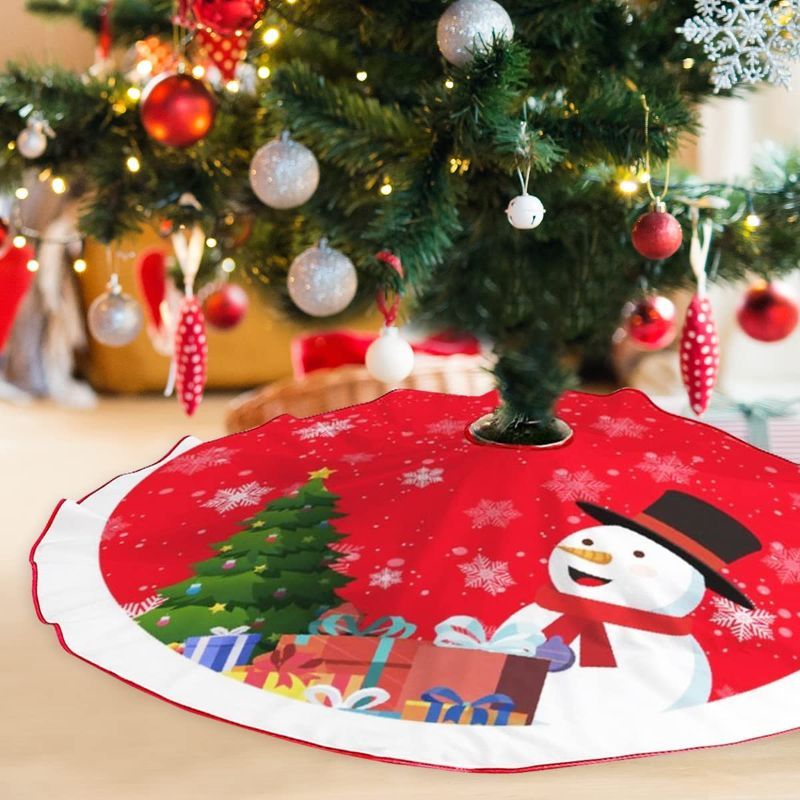 Photo 1 of (PATTERN MAY VARY) 48 Inches Christmas Tree Skirt, Red Xmas Tree Skirts with Snowman Snowflake and Gift Boxes Design, Rustic Christmas Tree Ornaments Mat for Xmas Holiday Party Decoration

