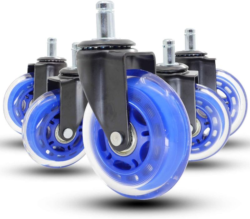 Photo 1 of Casoter 3" Office Chair Wheels No-Brake Replacement 5 of Pack, Swivel Caster Set Move Safe & Quiet & Strudy for All Floors w/ 11mm Universal Fit Stem 440Lbs Load Capacity (Blue w/o Brake)