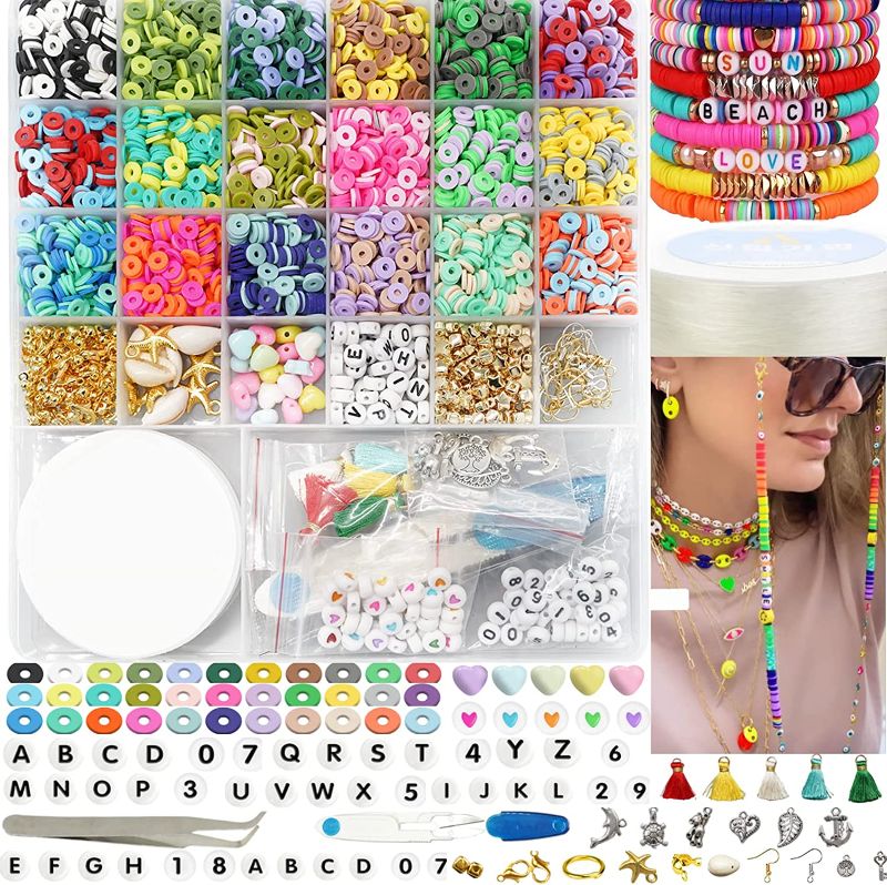 Photo 1 of Clay Beads - 36 Colors Bracelet Beads Flat Bead Assortments for Necklace Making, Jewelry Making Beads Heart Beads Number Letter Beads Kit with Pendant Charms Kits and Elastic Strings
