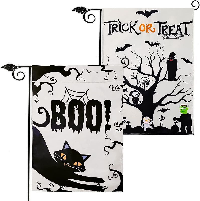 Photo 1 of 3 COUNT OF Halloween Garden Flag 2Pcs Trick or Treat Yard Sign Boo Spooky Ghost Outdoor Halloween Decoration for Halloween Party Decorations Flag 12x18 Inch
