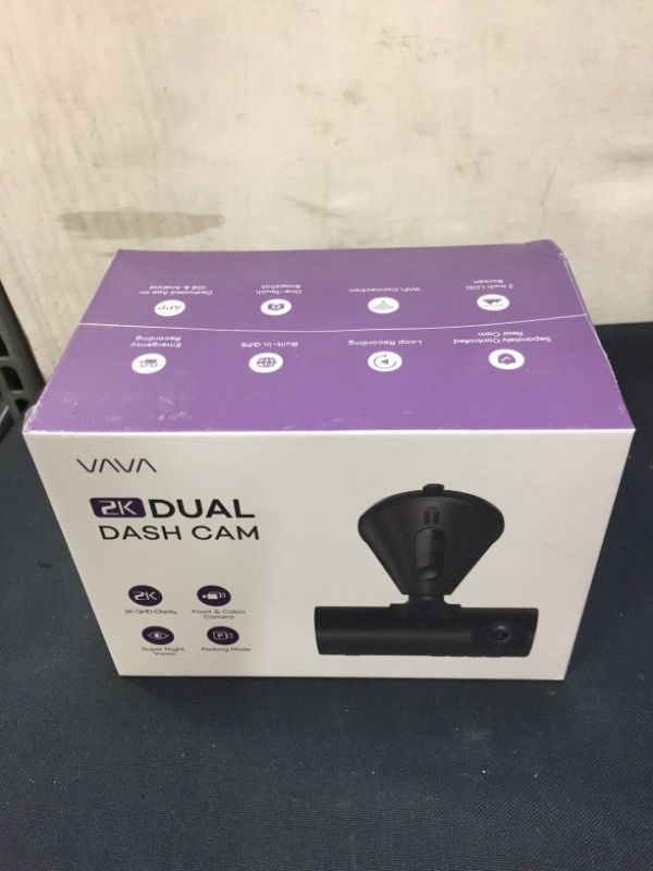Photo 1 of VAVA VD009 Dual Dash Cam, 2K Front 1080p Cabin 30fps Car Camera, Sony Sensor, Infrared Night Vision, App Control & 2" LCD Display, Parking Mode, Built-in GPS for Uber & Lyft, Bluetooth Snapshot Remote, FACTORY SEALED