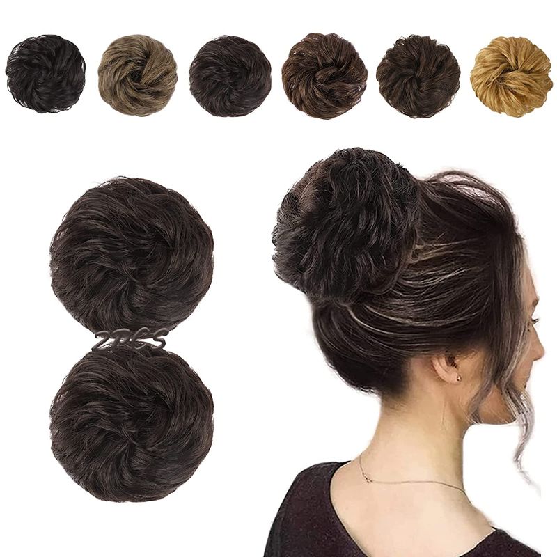 Photo 1 of 2PCS Messy Bun Hair Piece 100% Human Hair Scrunchies Buns Hair Pieces for Women Curly Wavy Black Bun Elegant Chignons Wedding (2PCS Human Hair, Brown Black)
