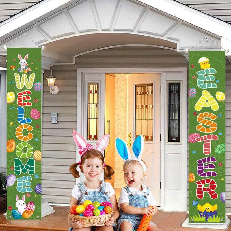 Photo 1 of 3 COUNT, Easter Banner Decoration Happy Easter Porch Banner Sign Welcome Hanging Spring Banner for Door Home Party Fireplace Indoor Outdoor Yard Decor
