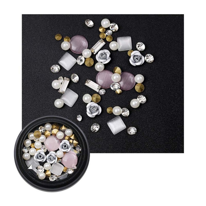 Photo 1 of AKOAK 1 Box Nail Art Decorations Mixed 3D Rhinestones Beads Metal Flowers Pearl Beads for DIY Design Manicure (White)

