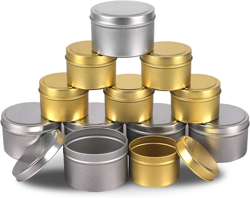 Photo 1 of 12 Pack Candle Tins, 4 oz (Golden) and 8 oz (Silver) Round Containers with Lids for Candle Making, Balms Gels Storage
