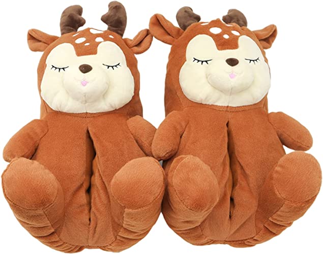 Photo 1 of Deer Slippers, Cute Animal Indoor Soft Plush Home Warm Slippers, Anti-Slip Thicken Sturdy Plush Soft Indoor Shoes, Winter Warm Home Bedroom Slippers, 3 Size For Women Kids Toddler - brown-M
