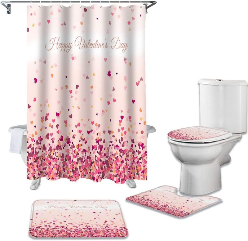 Photo 1 of 4Pcs Falling Pink Love Hearts Shower Curtain Sets, Bathroom Shower Curtain Set with U Shaped Non-Slip Rugs and Fabric Polyester Accessories
