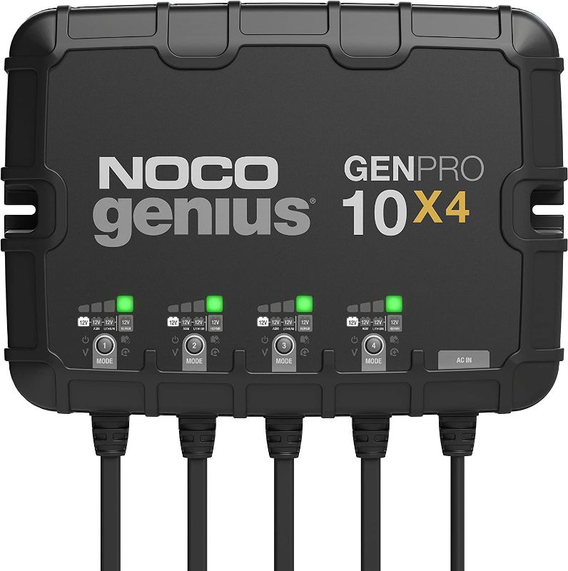 Photo 1 of NOCO Genius GENPRO10X4, 4-Bank, 40-Amp (10-Amp Per Bank) Automatic Waterproof Smart Marine Charger, 12V Onboard Battery Charger, Battery Maintainer and Battery Desulfator with Temperature Compensation ( USED ITEM ) ( BOX HAS MINOR DAMAGE ) 
