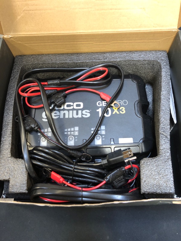 Photo 2 of NOCO Genius GENPRO10X4, 4-Bank, 40-Amp (10-Amp Per Bank) Automatic Waterproof Smart Marine Charger, 12V Onboard Battery Charger, Battery Maintainer and Battery Desulfator with Temperature Compensation ( USED ITEM ) ( BOX HAS MINOR DAMAGE ) 
