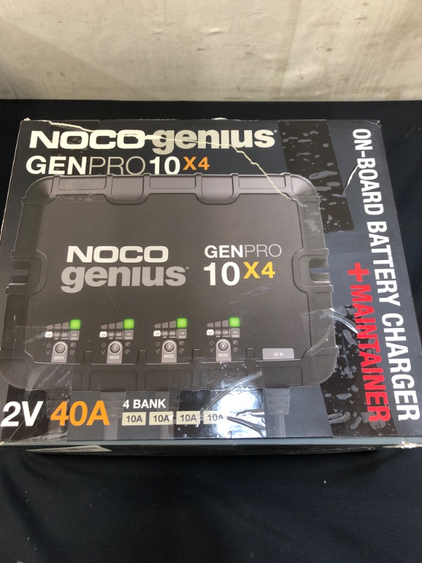 Photo 3 of NOCO Genius GENPRO10X4, 4-Bank, 40-Amp (10-Amp Per Bank) Automatic Waterproof Smart Marine Charger, 12V Onboard Battery Charger, Battery Maintainer and Battery Desulfator with Temperature Compensation ( USED ITEM ) ( BOX HAS MINOR DAMAGE ) 
