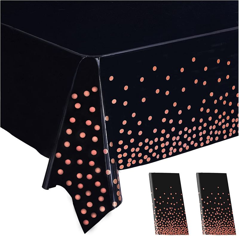 Photo 1 of 2 Pack Black Rose Gold Plastic Tablecloth for Parties, Disposable Rectangle Table Cloths, Dot Confetti Waterproof Table Covers, 54" x 108", for Graduation Retirement Birthday Anniversary Decorations
