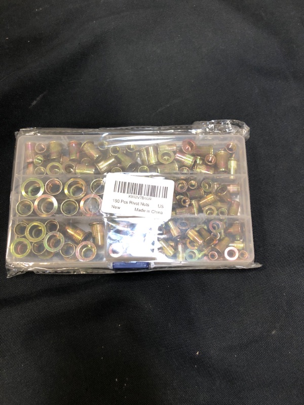 Photo 2 of 150Pcs UNC Rivet Nuts Assortment Kit-1/4-20 5/16-18 3/8-16#8-32#10-24,Yellow Zinc Plated Finish Carbon Steel, Flat Head Threaded Insert Nut Assort,Knurled Body,5 Sizes
