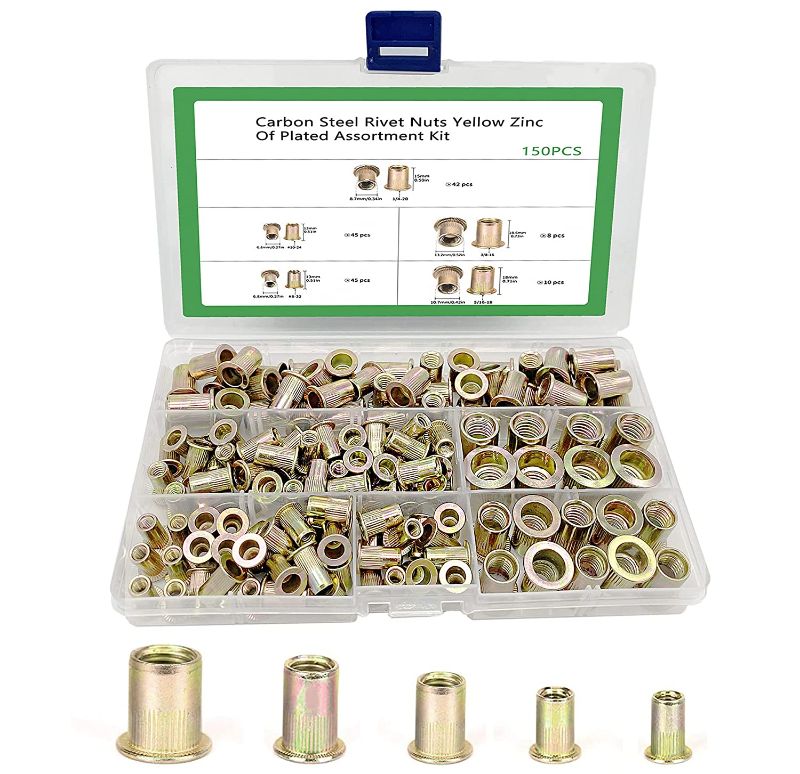 Photo 1 of 150Pcs UNC Rivet Nuts Assortment Kit-1/4-20 5/16-18 3/8-16#8-32#10-24,Yellow Zinc Plated Finish Carbon Steel, Flat Head Threaded Insert Nut Assort,Knurled Body,5 Sizes
