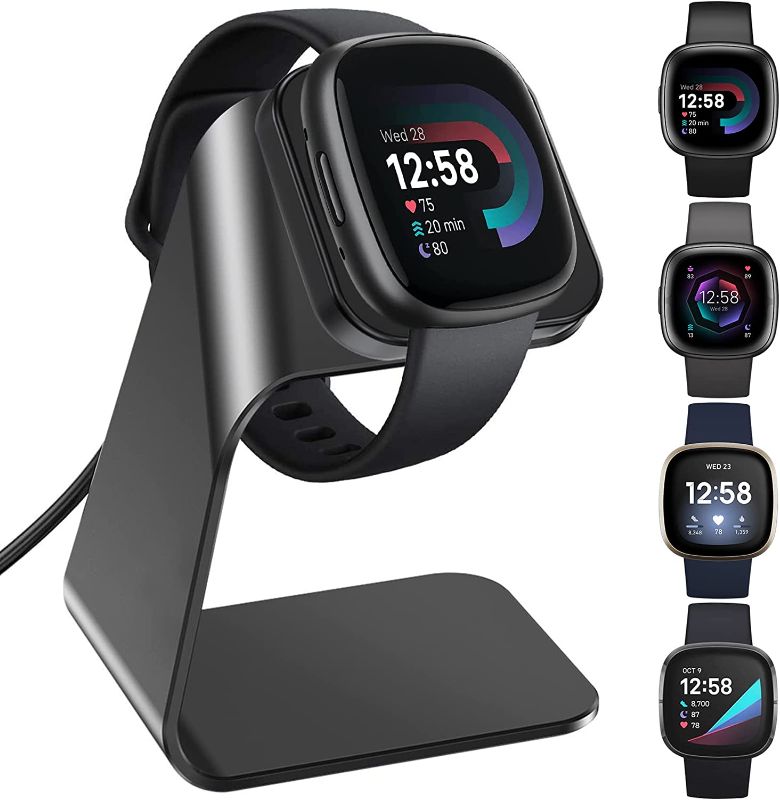 Photo 1 of QIBOX Charger Compatible with Fitbit Versa 4/Versa 3/Sense 2/Sense, Premium Aluminum Alloy Charging with 4.2ft Cable Charger Dock for Versa 4/3 Sense 2/Sense Smartwatch (Black)
