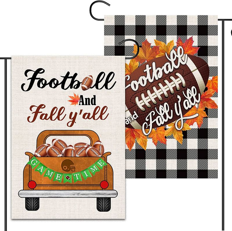 Photo 1 of 2 Pcs Football Fall Garden Flags 12x18 Double Sided, Burlap Football Farm Truck And Maple Leaves Buffalo Plaid Thanksgiving Garden Flags, Outdoor Yard Decorations for Football Fans Fall Gifts
