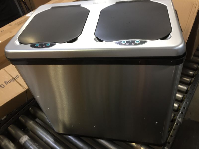 Photo 3 of 16 Gal. Dual-Compartment Stainless Steel Touchless Trash Can and Recycling Bin (8 Gal each) SEVERAL DENTS, CRACKED CORNER UNABLE TO SEAL 