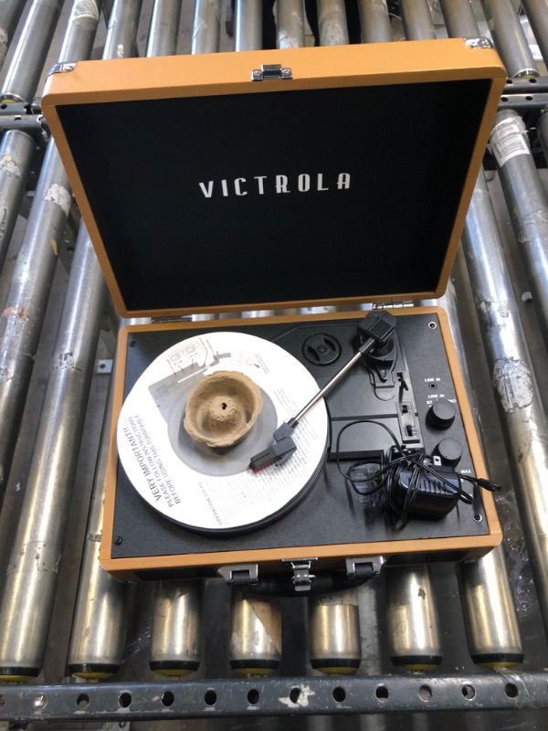 Photo 3 of Victrola Vintage 3-Speed Bluetooth Portable Suitcase Record Player with Built-in Speakers, Upgraded Turntable Audio Sound, Cognac