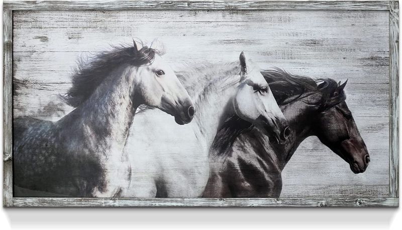 Photo 1 of Horse Wooden Farmhouse Wall Art: 40’’ x 20’’ Black White Horse Portrait Picture Western Animal Decor Poster Rustic Painting Framed Decoration For Dining Living Room Bedroom Bathroom
