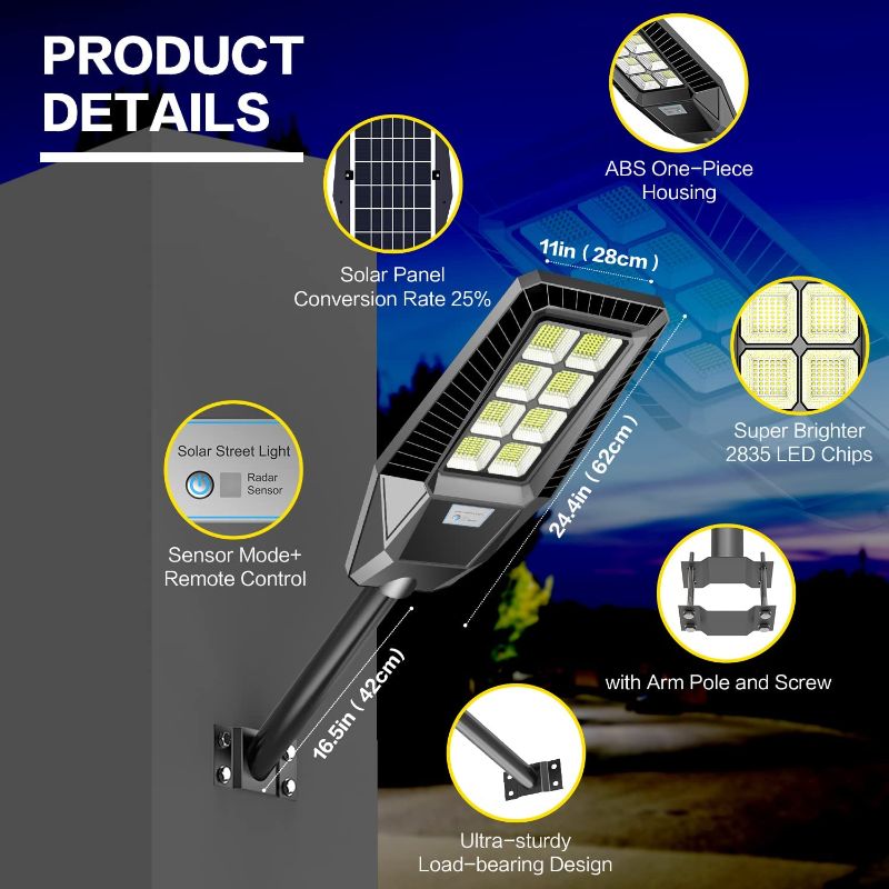 Photo 1 of AKOFUN k 800W Solar Street Light, 50000 Lumens Dusk to Dawn Solar Outdoor Lights Motion Sensor Waterproof 