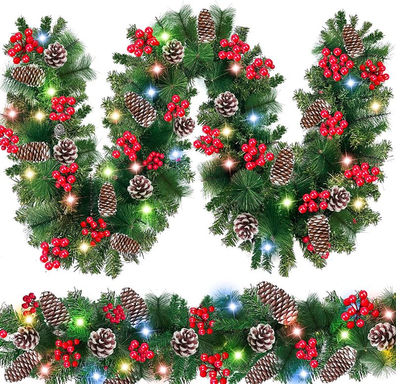 Photo 2 of [2 Pack+8 Modes] 9Ft 100 LED Prelit Christmas Garland Decorations with Colorful Lights Timer Battery Powered Thicker 300 Branches 198 Red Berries 18 Snowy Pine Cones Xmas Decor Home Indoor Outdoor
