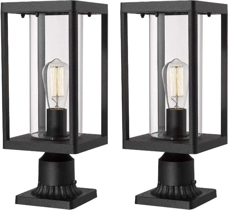 Photo 1 of Beionxii Outdoor Post Lantern, 20" H Large Modern Lamp Post Light Fixture Exterior Pillar Lights with Pier Mount Base, Black Cast Aluminum w/Clear Cylinder Glass - A291P-2PK
