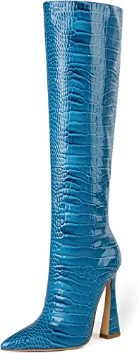 Photo 1 of  size 6.5 vivianly Womens Stiletto Heel Knee High Boot Pyramid Heel Crocodile Pattern Boots Side Zipper Boots
