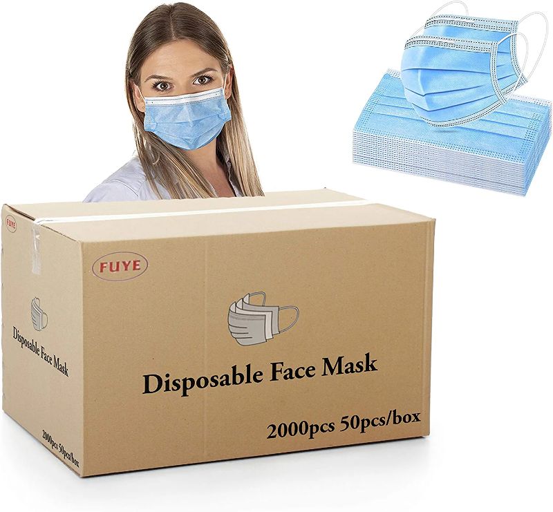 Photo 1 of [Pack of 2000] Fuye Blue Disposable Face Masks | Protective 3-Ply Breathable Comfortable Nose/Mouth Coverings for Home & Office | Elastic Ear Loop 3-Layer Safety Shield for Adults/Kids.
