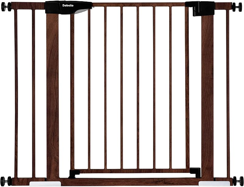 Photo 1 of Babelio Metal Baby Gate with Brown Wood Pattern, 29-40" Easy Install Pressure Mounted Dog Gate, No Drilling, Ideal for Stairs and Doorways, with Wall Protectors and Extenders
