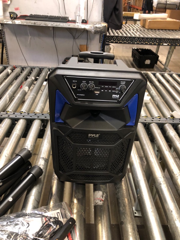 Photo 2 of Portable Bluetooth PA Speaker System - 400W Outdoor Bluetooth Speaker Portable PA System w/Microphone in, Party Lights, MP3/USB SD Card Reader, FM Radio, Rolling Wheels - Mic, Remote - Pyle PPHP82SM