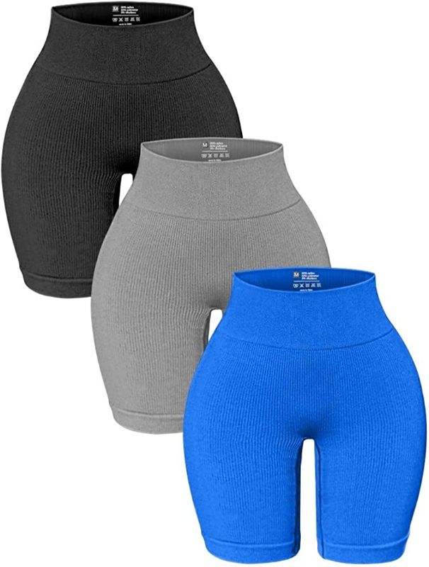 Photo 1 of OQQ 3 Pack High Waisted Yoga Shorts for Women Ribbed Seamless Tummy Control Workout Athletic Shorts-LARGE
