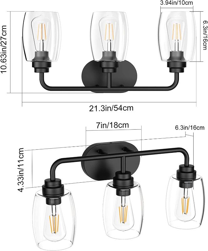 Photo 3 of 1pc---Aipsun 3 Lights Black Vanity Light Fixtures Over Mirror with Clear Glass Shades Industrial Bathroom Light Fixtures  ( Bulbs not included)
