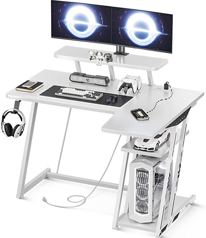 Photo 1 of MOTPK Gaming Desk L Shaped, Small Corner Desk with Storage Shelf & Power Outlets, Computer Desk with Monitor Shelf, L Shaped Desk with Carbon Fiber Surface, Gamer Desk Gaming Table, White, 39 Inch