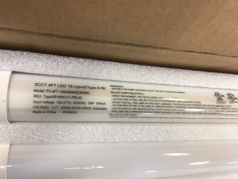 Photo 2 of 20 Pack 3CCT 4FT LED T8 Hybrid Type A+B Light Tube, 18W, 4000K/5000K/6500K Selectable, Plug & Play or Ballast Bypass, Single or Double End Powered, 2300lm, Frosted Cover, T8 T10 T12, 120-277V, UL, FCC