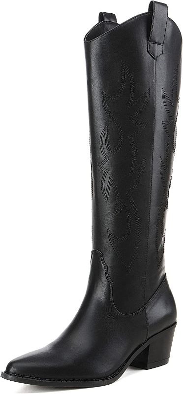 Photo 2 of Athlefit Women's Western Embroidered Cowboy Boots Pointed Toe Chunky Heel Pull On Knee High Boots SIZE 9 BLACK
