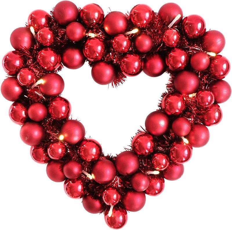 Photo 1 of Bibelot Prelit Red Balls Heart Shape Valentines Day Wreath for Front Door and Home Decor, Heart Shape Wreath for Wedding Decoration, Valentines Day Wreath with Light for Inside and Outside
