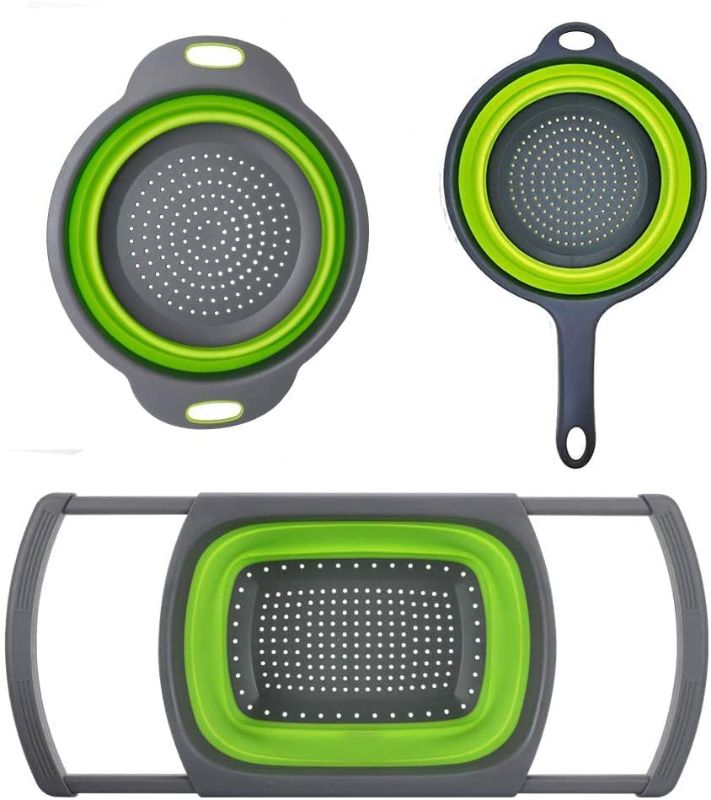 Photo 1 of 3-Packs Silicone Kitchen Foldable Colander Set - 6-Quart Over The Sink Collander + 4-Quart Veggies Basket Strainers and Colanders + 2-Quart Pasta Strainer With Handle (Green)
