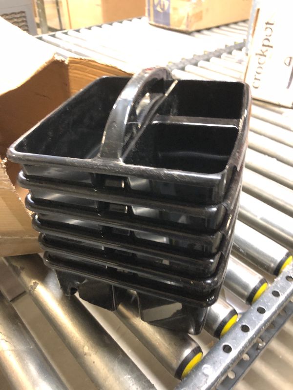 Photo 1 of 6 Black Storage Caddies - Bulk Stackable Plastic Bins with 3 Compartments & Carrying Handle for Restaurant, Business, Bar, Food Truck, Houskeeping - Utility Tote for Cleaning Supplies & Spray Bottles