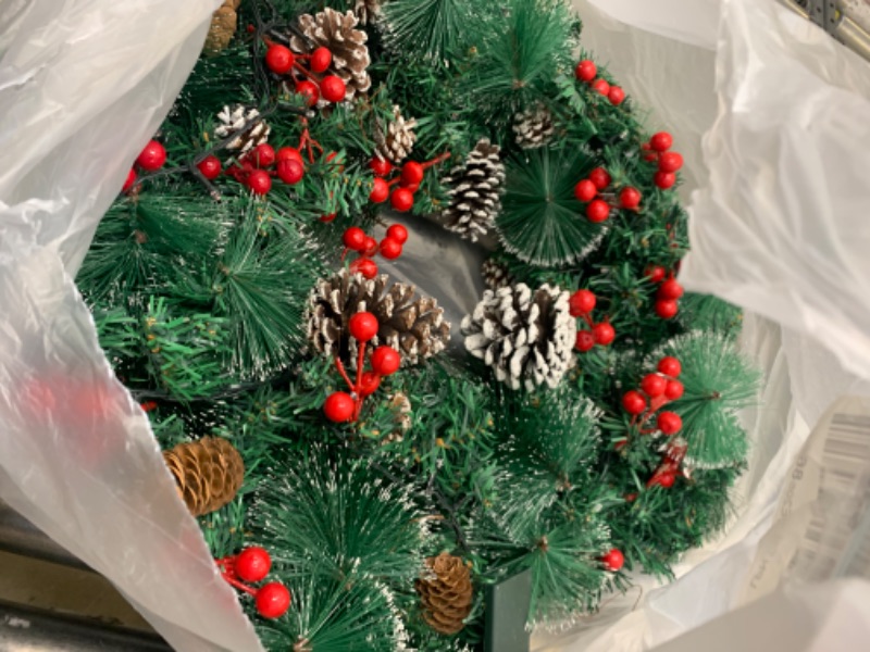 Photo 3 of 26 Inch Super Large Snowy Prelit Christmas Wreath Decor 80 Colorful Lights Timer Battery Operated Thick 220 Tips 80 Red Berries 24 Bristle Xmas Wreath for Front Door Indoor Outdoor Wall Decorations --- No Box Packaging, Moderate Use, Slightly Dirty From P