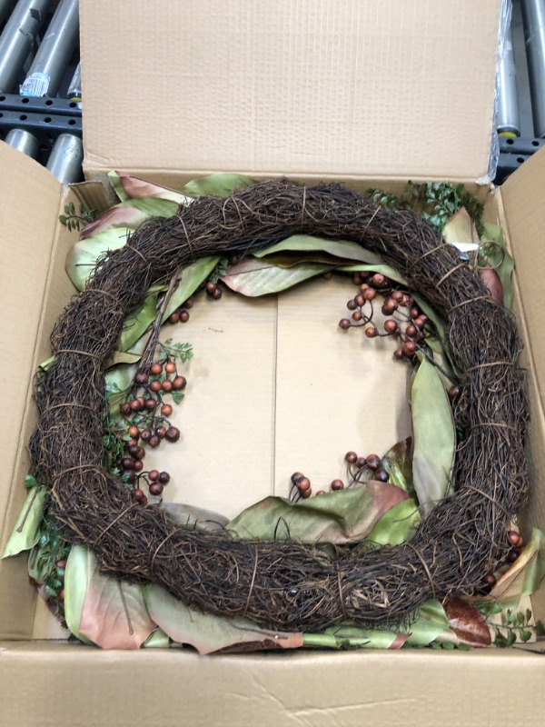 Photo 1 of 30in. Fall Magnolia Leaf and Berries Artificial Wreath