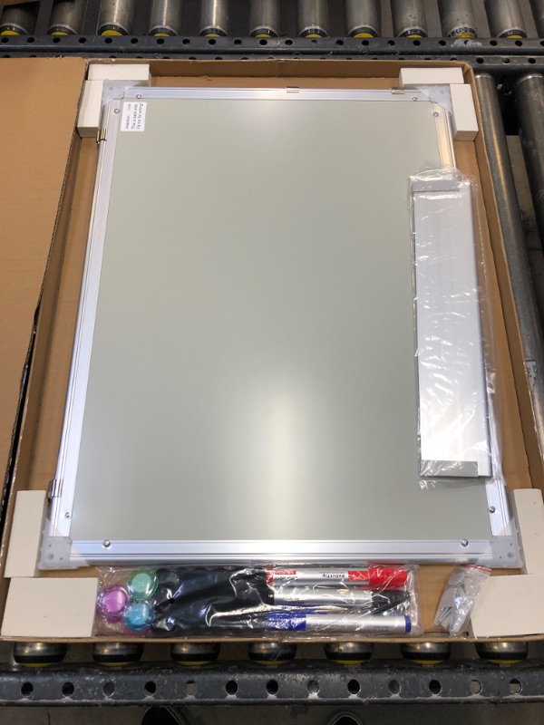 Photo 2 of Magnetic White Board 24 x 18 Dry Erase Board Wall Hanging Whiteboard with 3 Dry Erase Pens, 1 Dry Eraser, 6 Magnets, 2' x 1.5' Message Scoreboard for School Home Office 24 x 18 with accessories