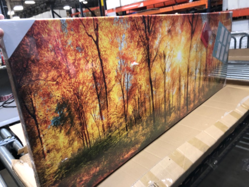 Photo 1 of Kreative Arts - Large Wall Art Autumn Scenery Canvas Prints Panorama Forest in Vibrant Warm Colors Sun Shining Through Leaves Pictures HD Printed Painting Framed Art Works Home Walls 55x20in
