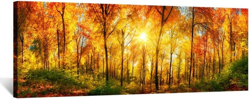 Photo 1 of Kreative Arts - Large Wall Art Autumn Scenery Canvas Prints Panorama Forest in Vibrant Warm Colors Sun Shining Through Leaves Pictures HD Printed Painting Framed Art Works Home Walls 55x20in
