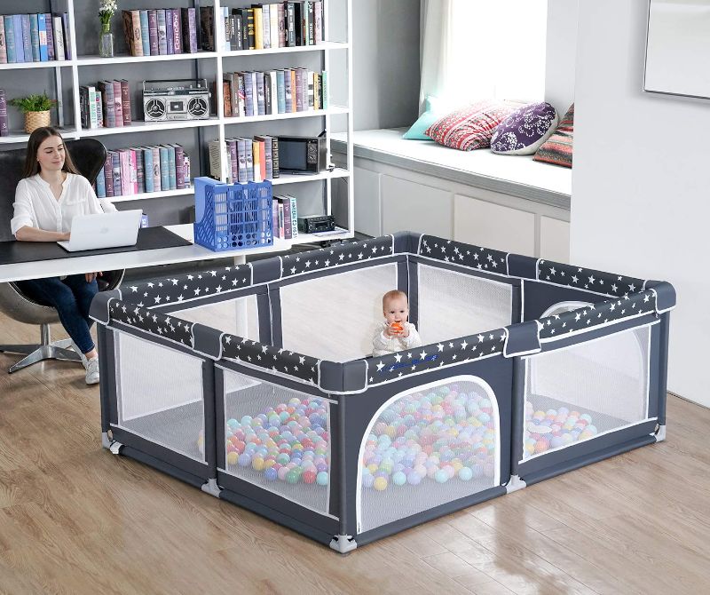 Photo 1 of Baby Playpen, ANGELBLISS Playpen for Babies and Toddlers, Extra Large Play Yard with Gate, Indoor & Outdoor Kids Safety Play Pen Area with 3 Plush Toys, Star Print (Dark Grey, 71"×59")---------missing play balls and hardware due to usage 
