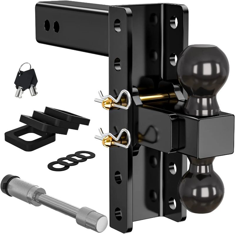 Photo 1 of Adjustable Trailer Hitch, Fits 2.5 Inch Receiver, 8 Inch Drop Hitch Ball Mount, Tow Hitch for Heavy Duty Truck with Lock Pins, Solid Shank
---------missing some items and hardware/screws 
