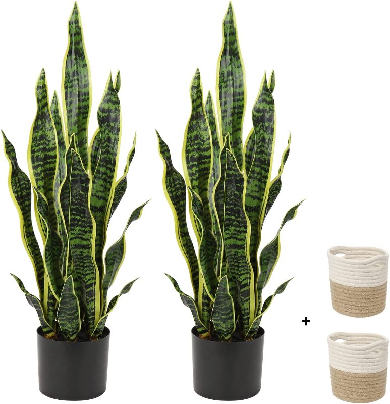 Photo 1 of 2 Set Large Fake Snake Plant 25 Inch Sansevieria Plant Artificial Snake Plants in Pots with Woven Basket Faux Mother In Law Tongue Plant - 17 Leaves Fake Laurentii for Indoor Outdoor Home Office Decor
